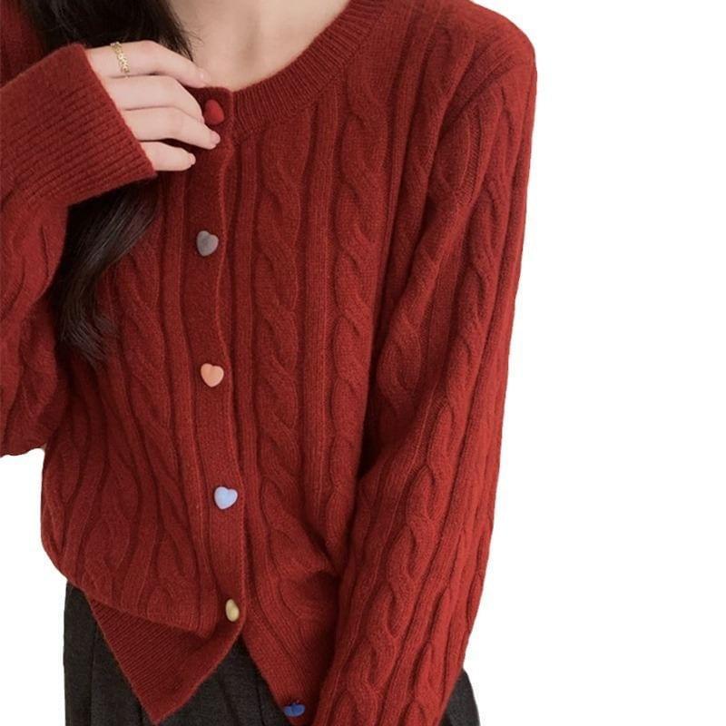 Round Neck Heart Button Cable Knit Cardigan Product Image