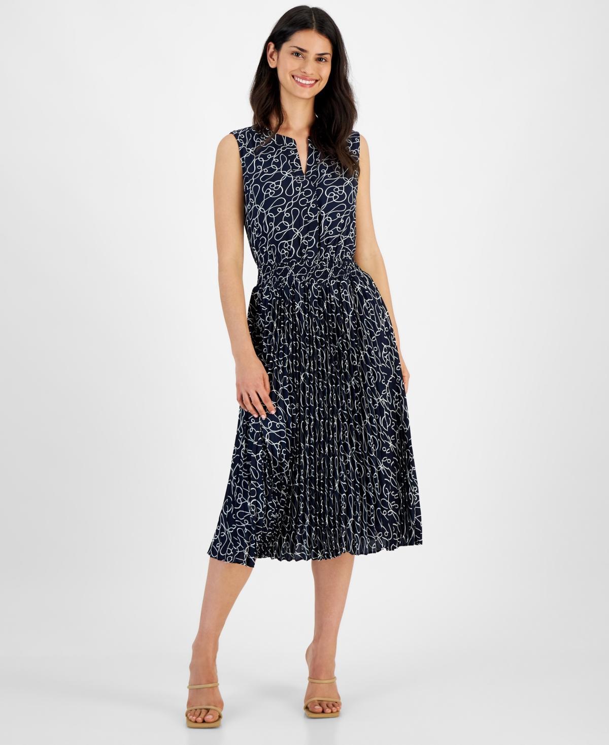 T Tahari Womens Split-Neck Smocked-Waist Pleated-Skirt Dress Product Image