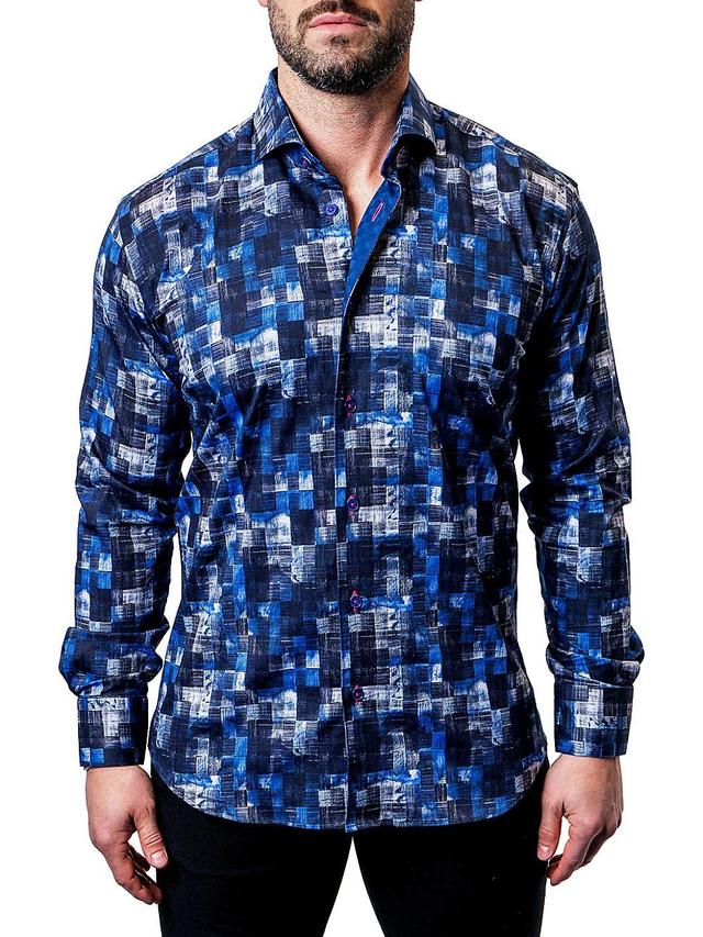 Maceoo Einstein Blurred Gingham Blue Contemporary Fit Button-Up Shirt Product Image