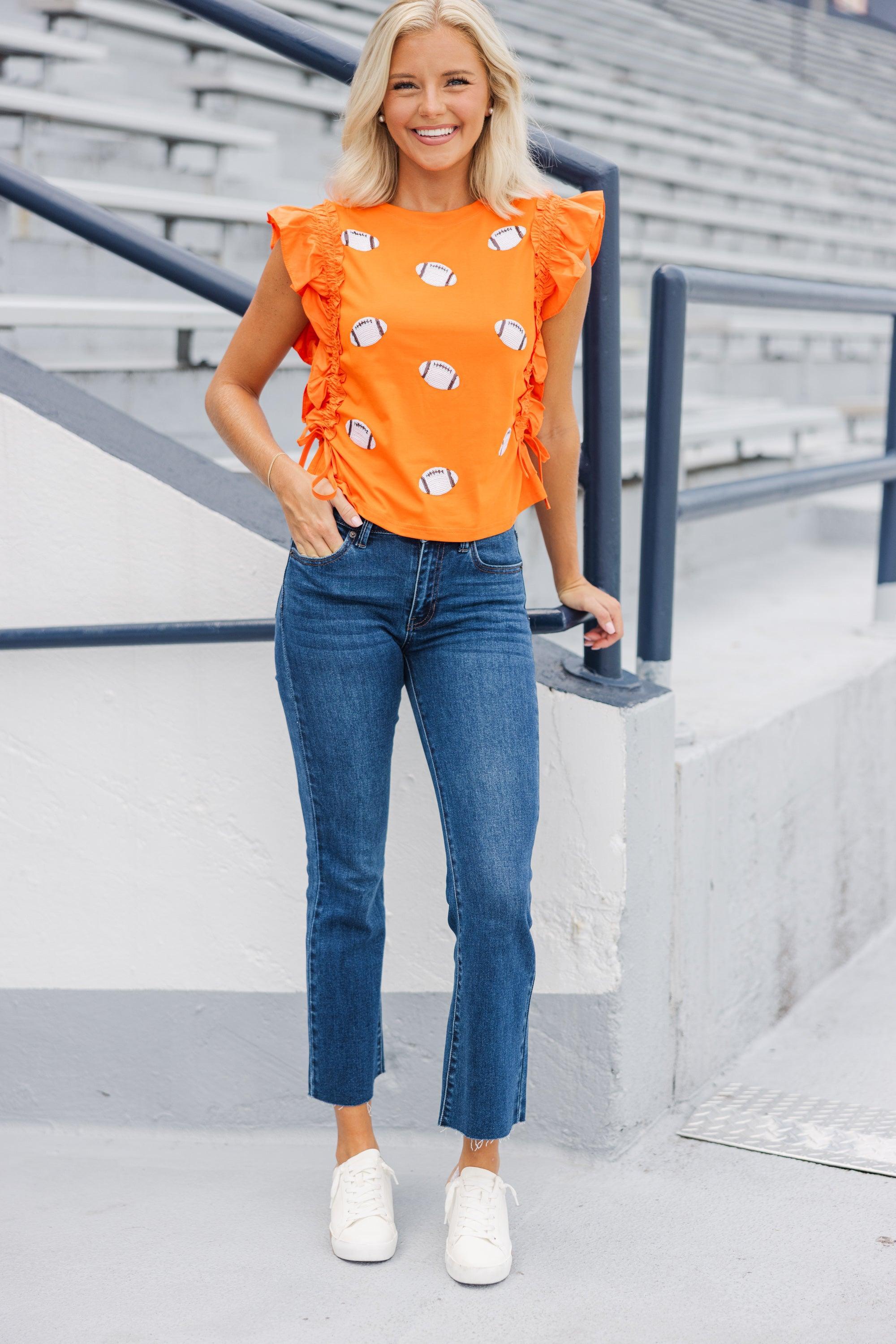 Cheer You On Orange/White Sequin Football Blouse Female Product Image