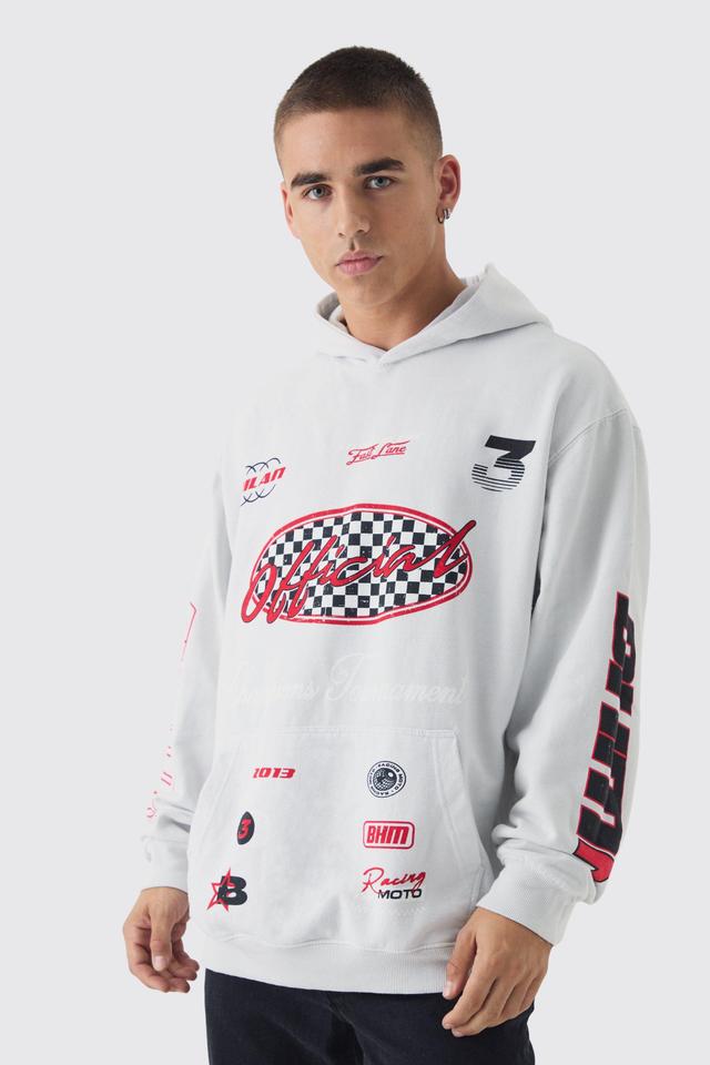 Oversized Moto Print Hoodie | boohooMAN USA Product Image