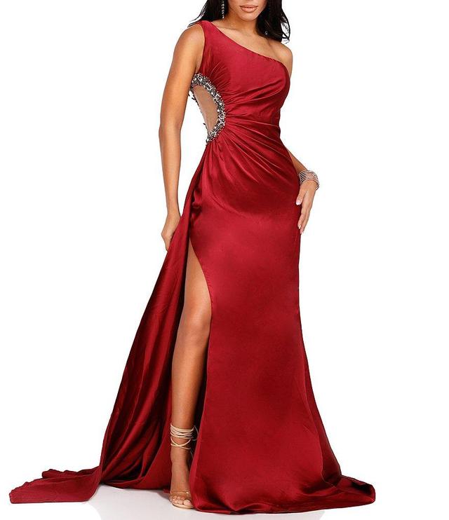 Terani Couture One Shoulder Sleeveless Side Cut Out with Beaded Trim Mermaid Gown Product Image