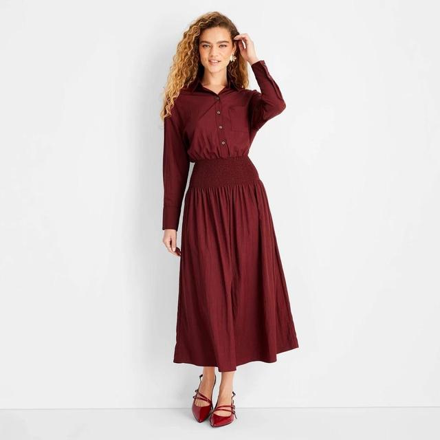 Womens Collared Long Sleeve Smocked Midi Shirtdress - Future Collective Burgundy XS Product Image