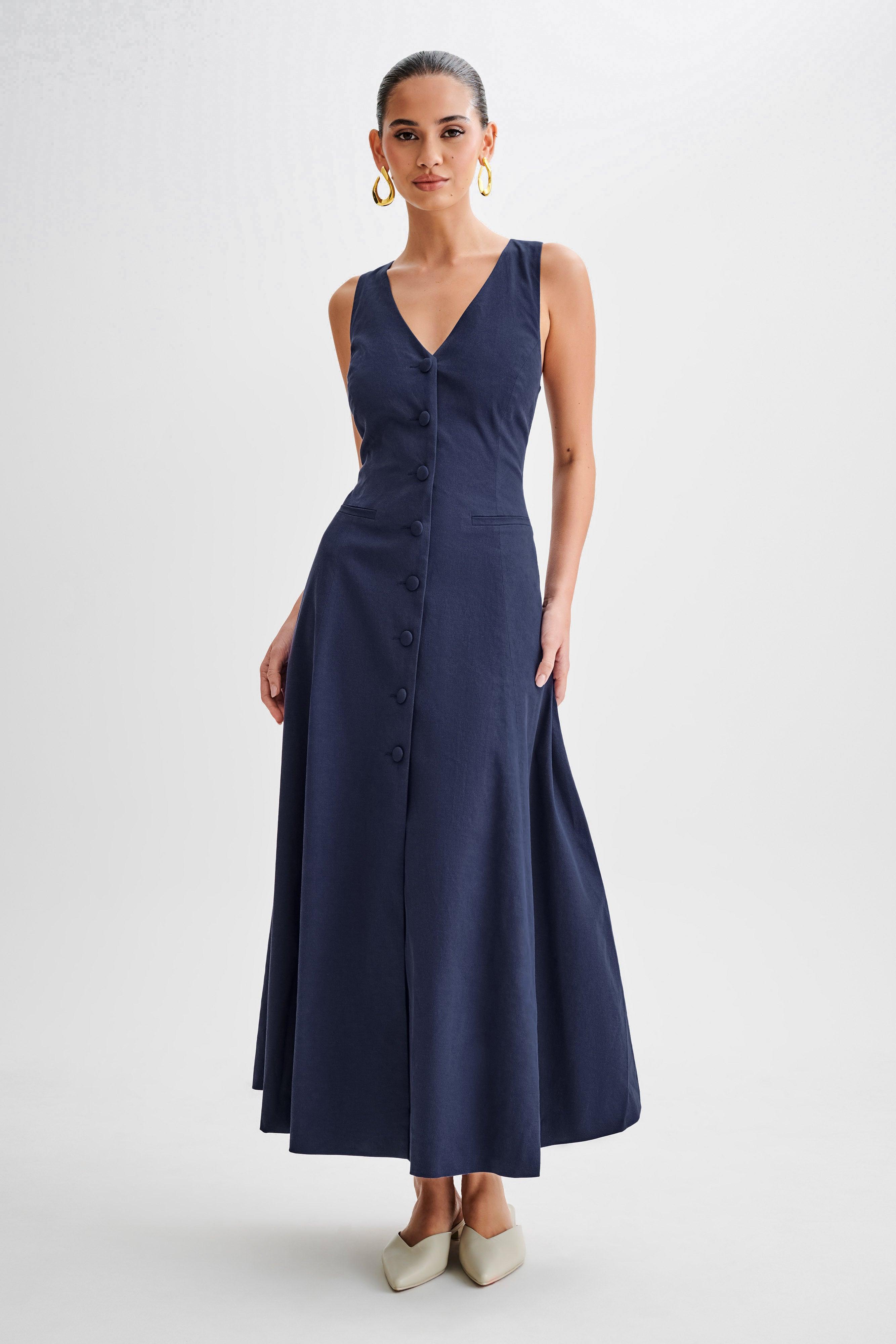 Theodora Cotton Buttoned Midi Dress - Navy Product Image