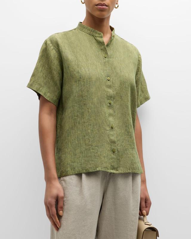 Eileen Fisher Mandarin Collar Short Sleeve Shirt (Geranium) Women's Clothing Product Image