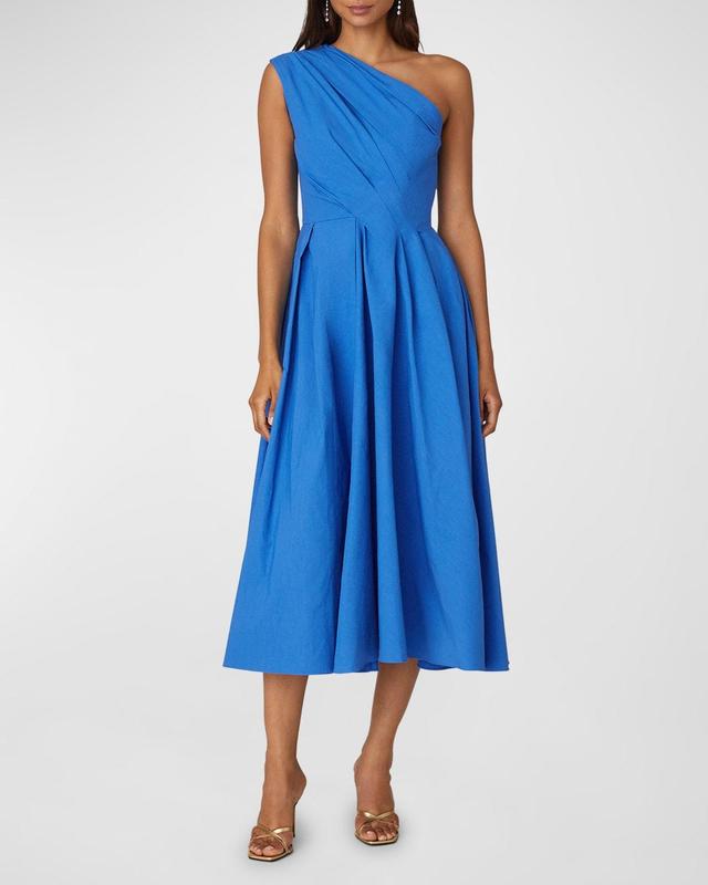 Pleated One-Shoulder Faille Taffeta Midi Dress Product Image