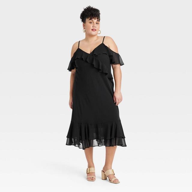 Womens Flutter Midi A-Line Dress - Ava & Viv Black 1X Product Image