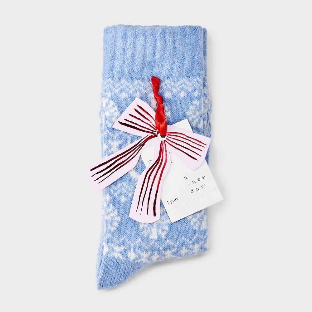 Women's Cozy Knit Fair Isle Bow Crew Socks - A New Day™ Blue 4-10 Product Image