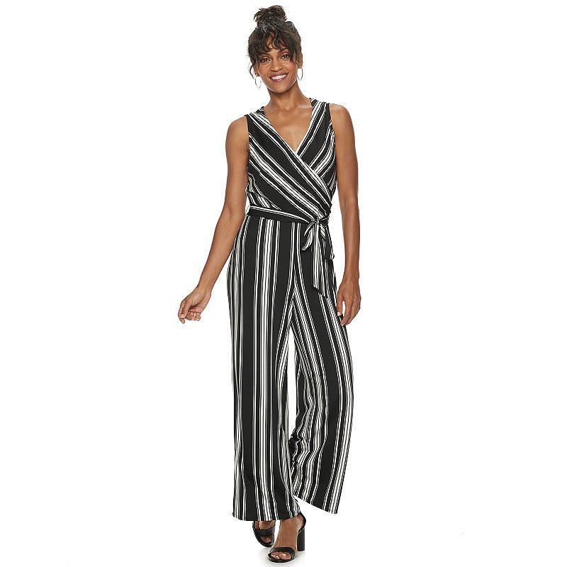 Womens Nina Leonard Striped Surplice Palazzo Jumpsuit Black Product Image