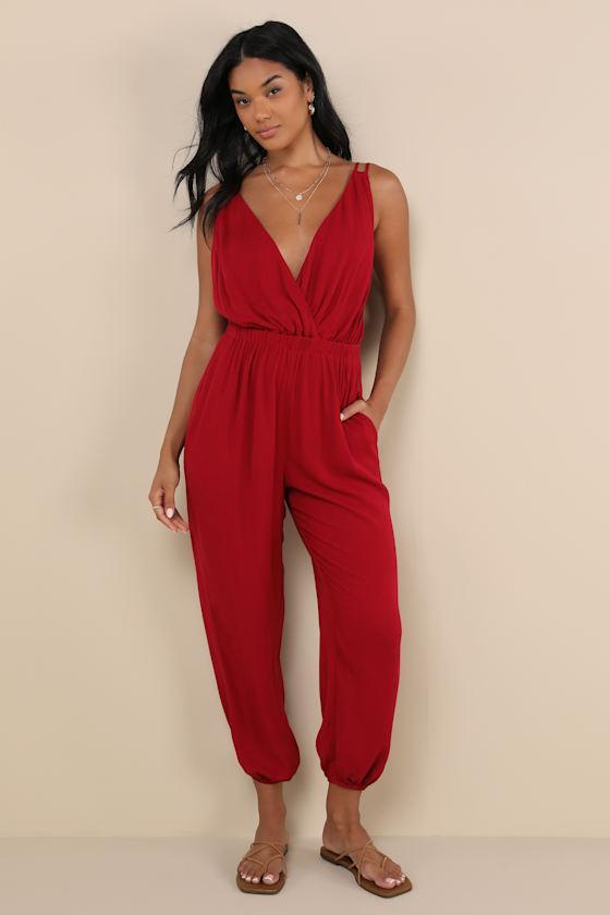 Truly Effortless Wine Red Surplice Tie-Back Jogger Jumpsuit Product Image