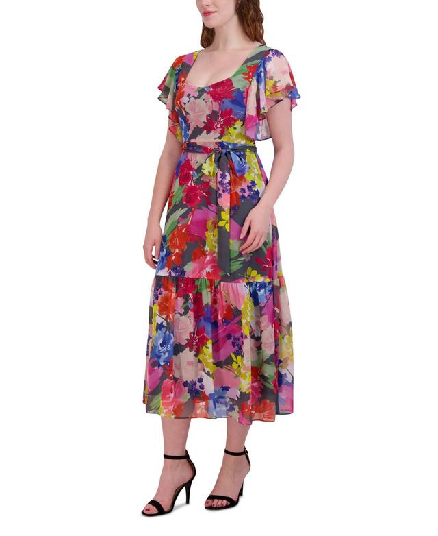 Donna Ricco Womens Flutter-Sleeve Printed Midi Dress Product Image