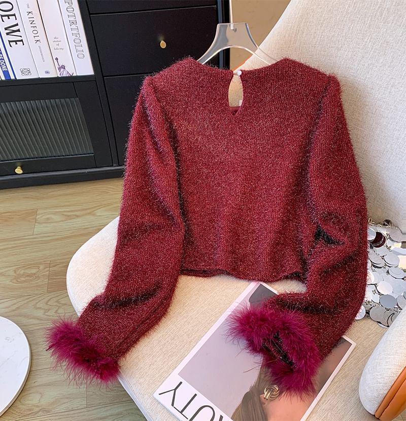 Fluffy Long Sleeve Crew Neck Plain Cropped Sweater Product Image