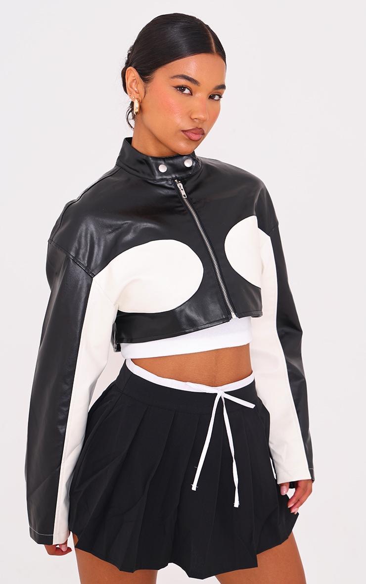 Monochrome Faux Leather Contrast Panel Cropped Jacket Product Image