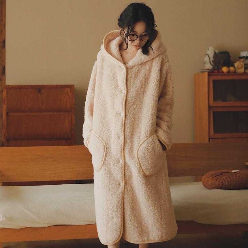 Plain Hood Fleece Button Robe / Straight Leg Pants / Set Product Image