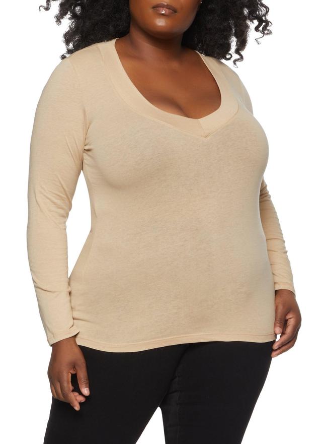 Womens Plus Size Solid V Neck Long Sleeve Tee Product Image