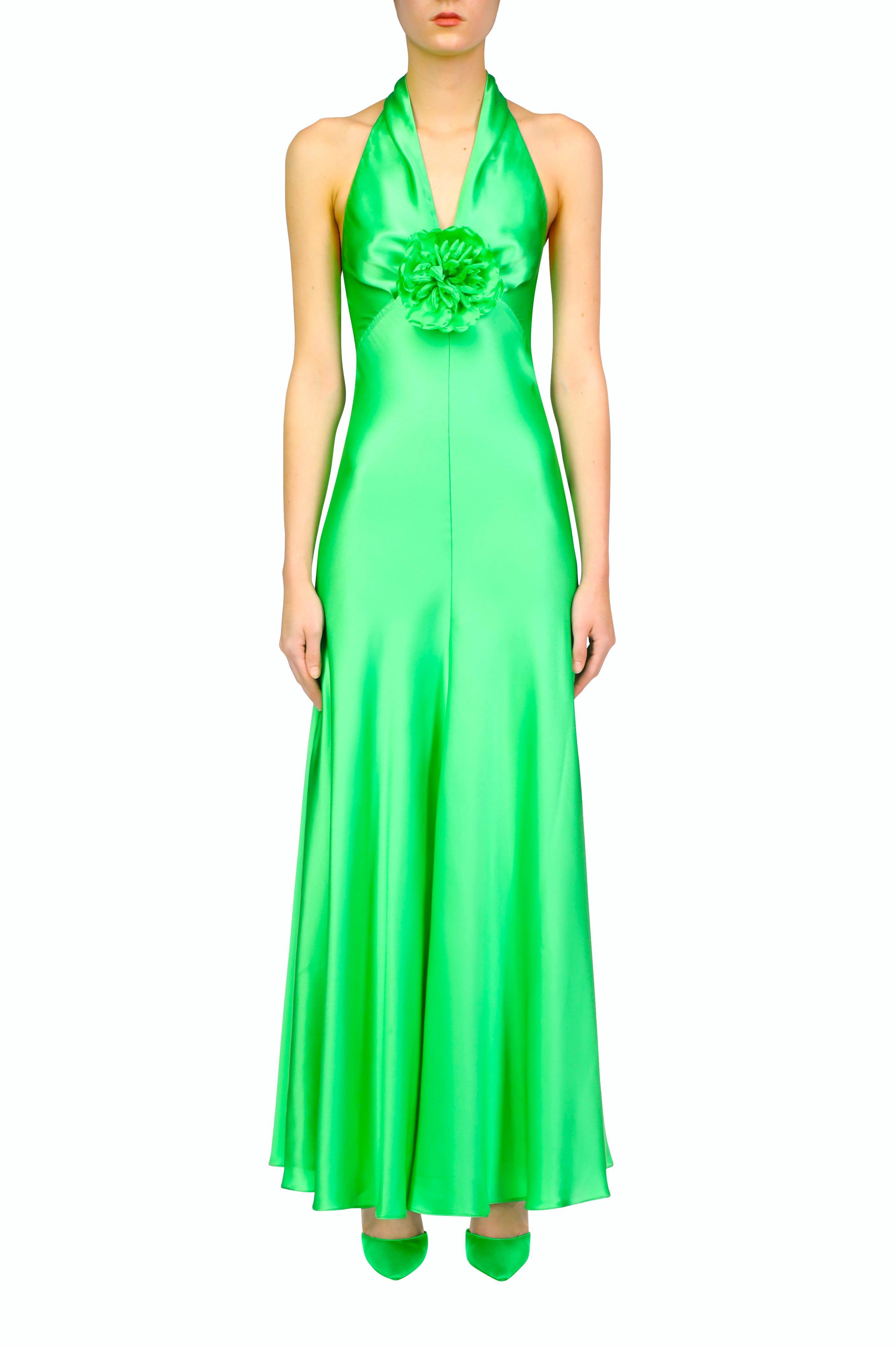 Green Silk Satin Halter Dress With Silk Flower Pin Product Image