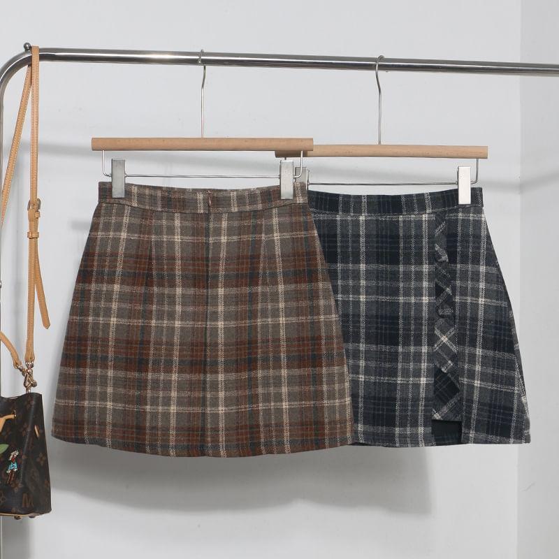 High Rise Plaid Mini A-Line Skirt Product Image