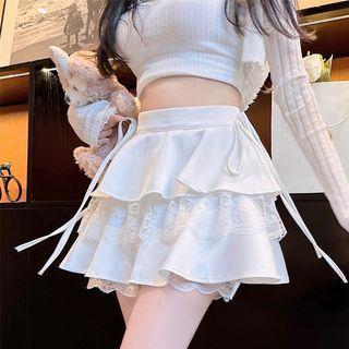 Balletcore High Rise Plain Tiered Tie Side Panel Lace Mini A-Line Skirt Product Image