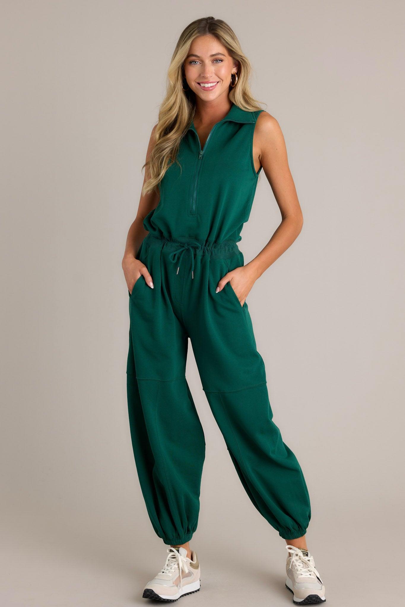 Effortless Luxe Hunter Green Zip Front Jumpsuit Product Image