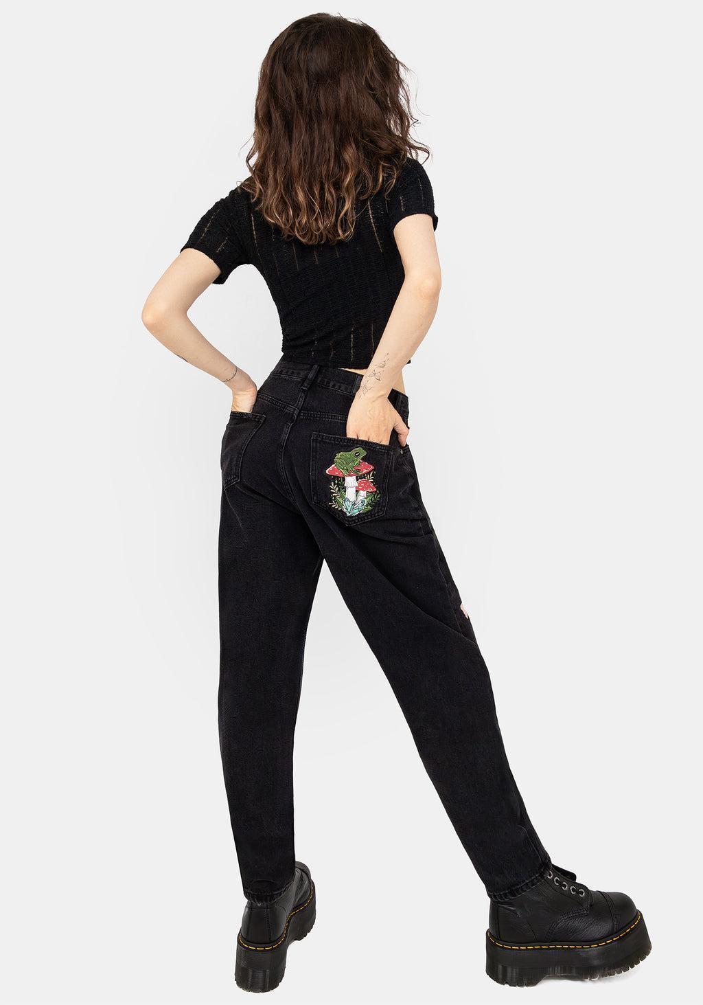 Swamplife Frog Embroidered Distressed Mom Jeans Product Image