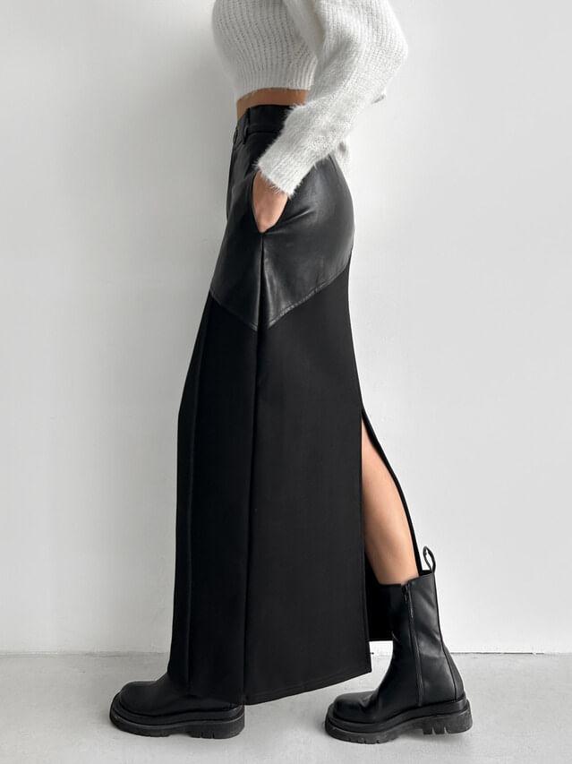 High Rise Plain Faux Leather Panel Slit Maxi Straight Skirt Product Image