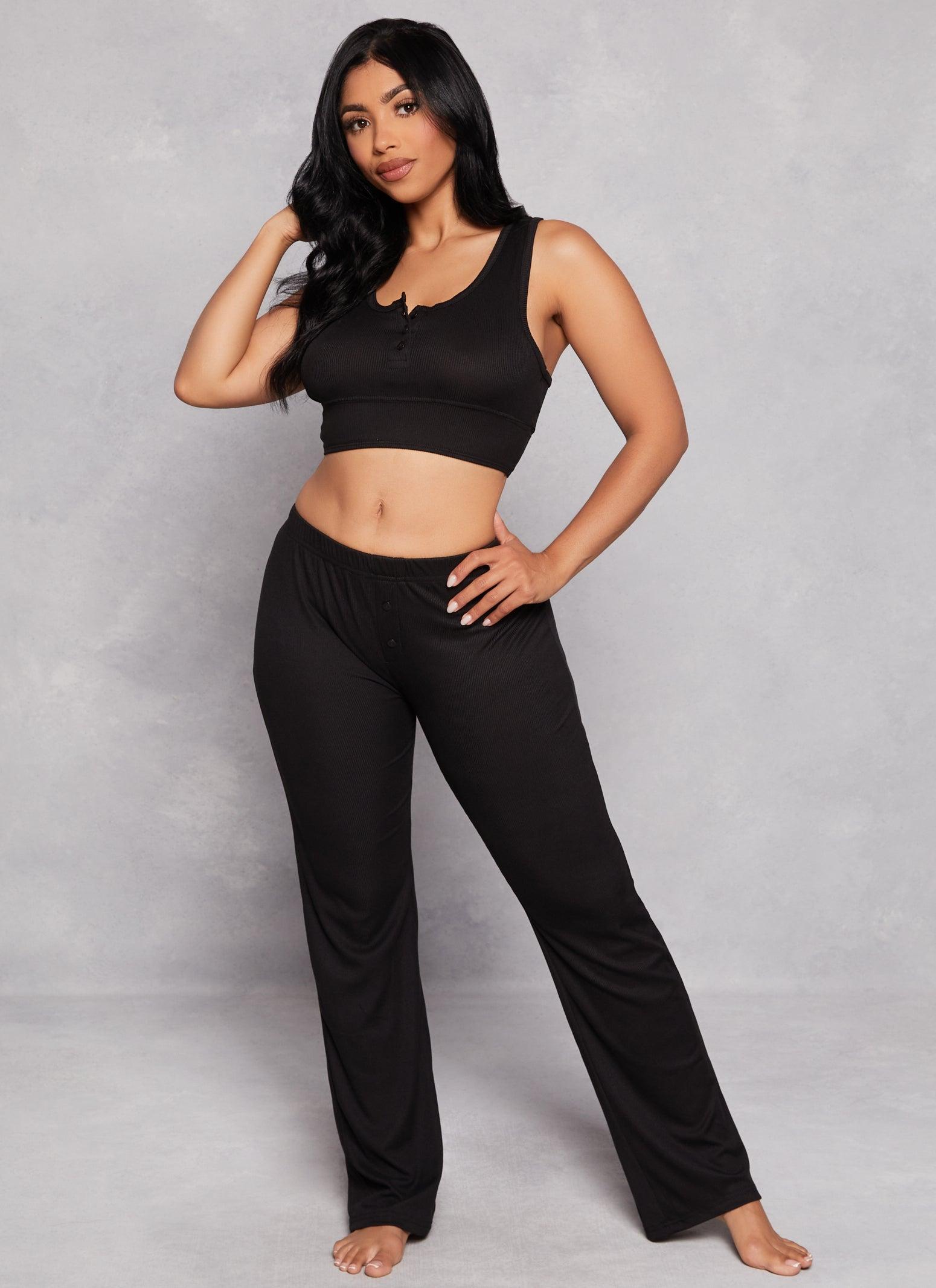 Womens Ribbed Button Detail Pajama Bralette and Pants Product Image