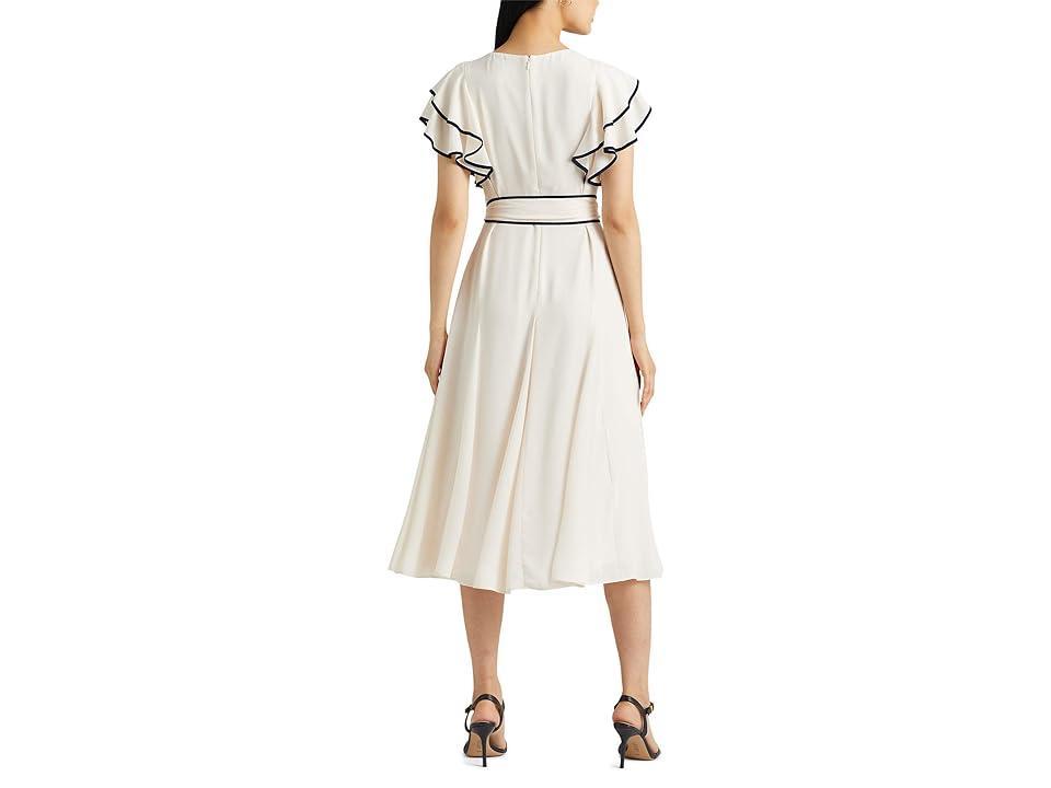 LAUREN Ralph Lauren Belted Georgette Flutter-Sleeve Dress (Mascarpone Cream/Navy) Women's Dress Product Image