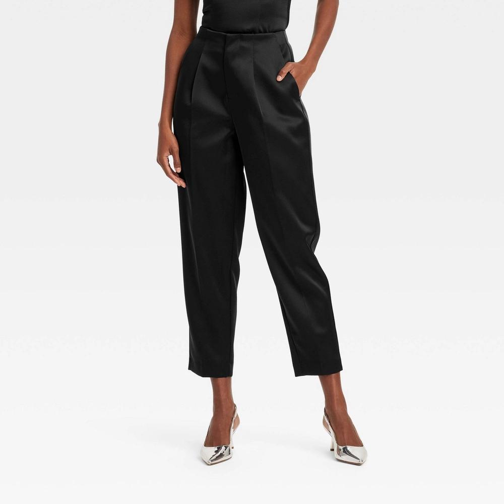 Womens Super-High Rise Tapered Ankle Tailored Satin Trousers - A New Day Black 16 Product Image