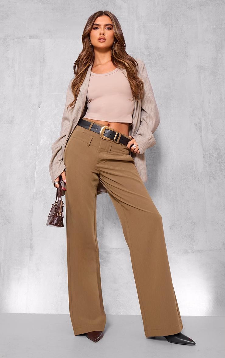 Taupe Tailored Woven Double Waistband Straight Leg Pants Product Image