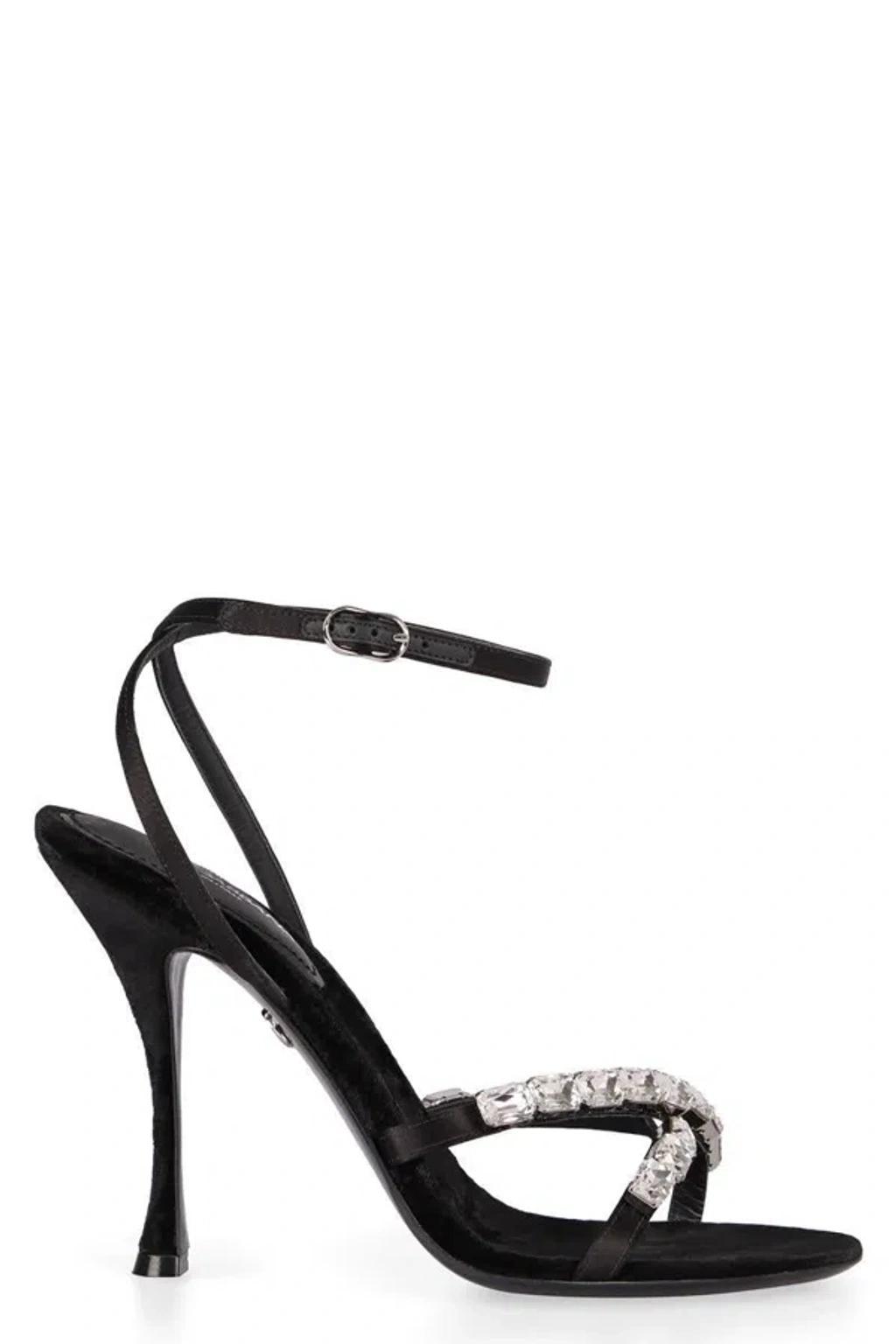 DOLCE & GABBANA Satin Sandals With Gemstone Embellishment In Black Product Image