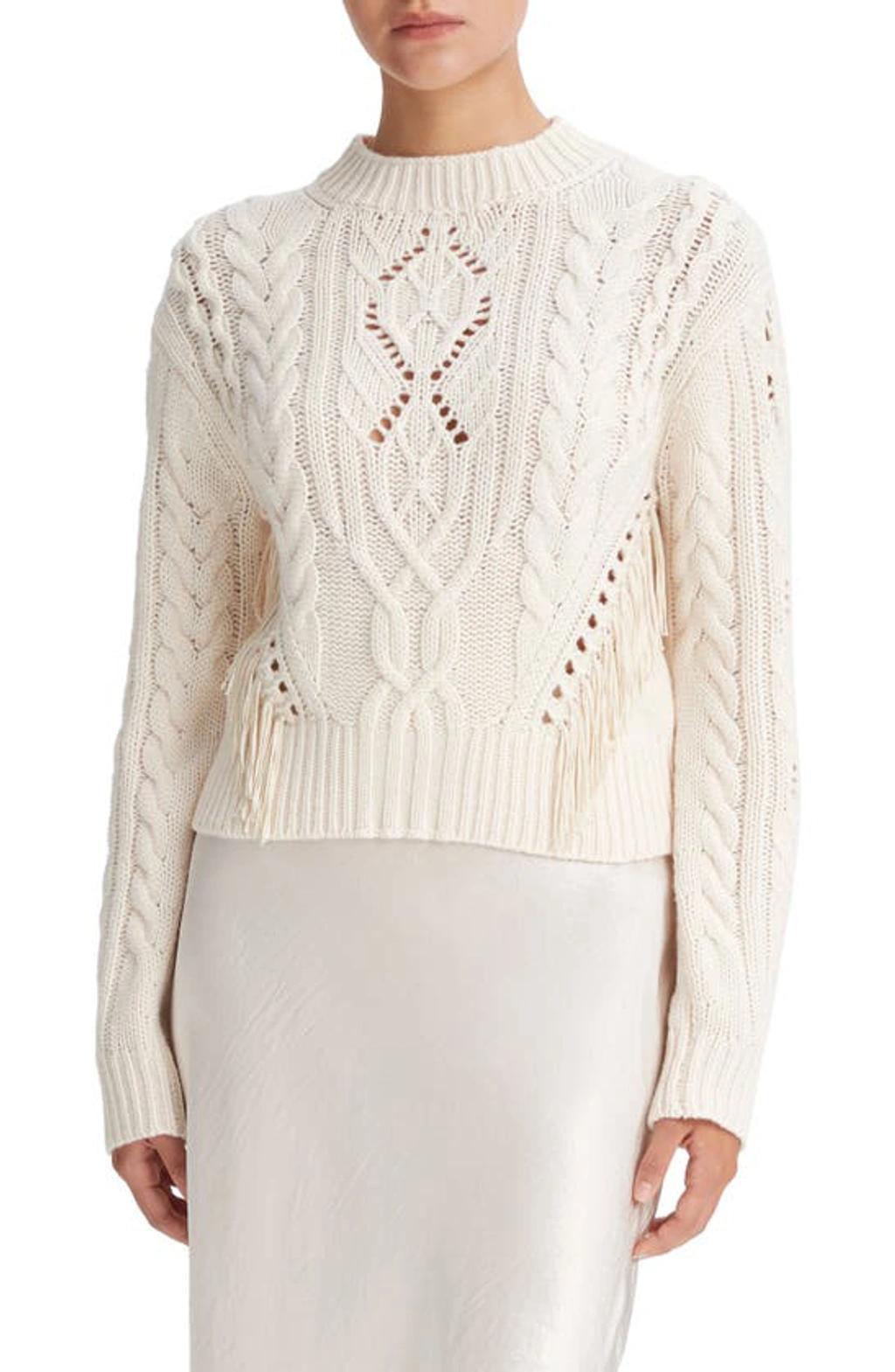 VINCE Wool Fringe-trim Cable-knit Sweater In Beige Product Image