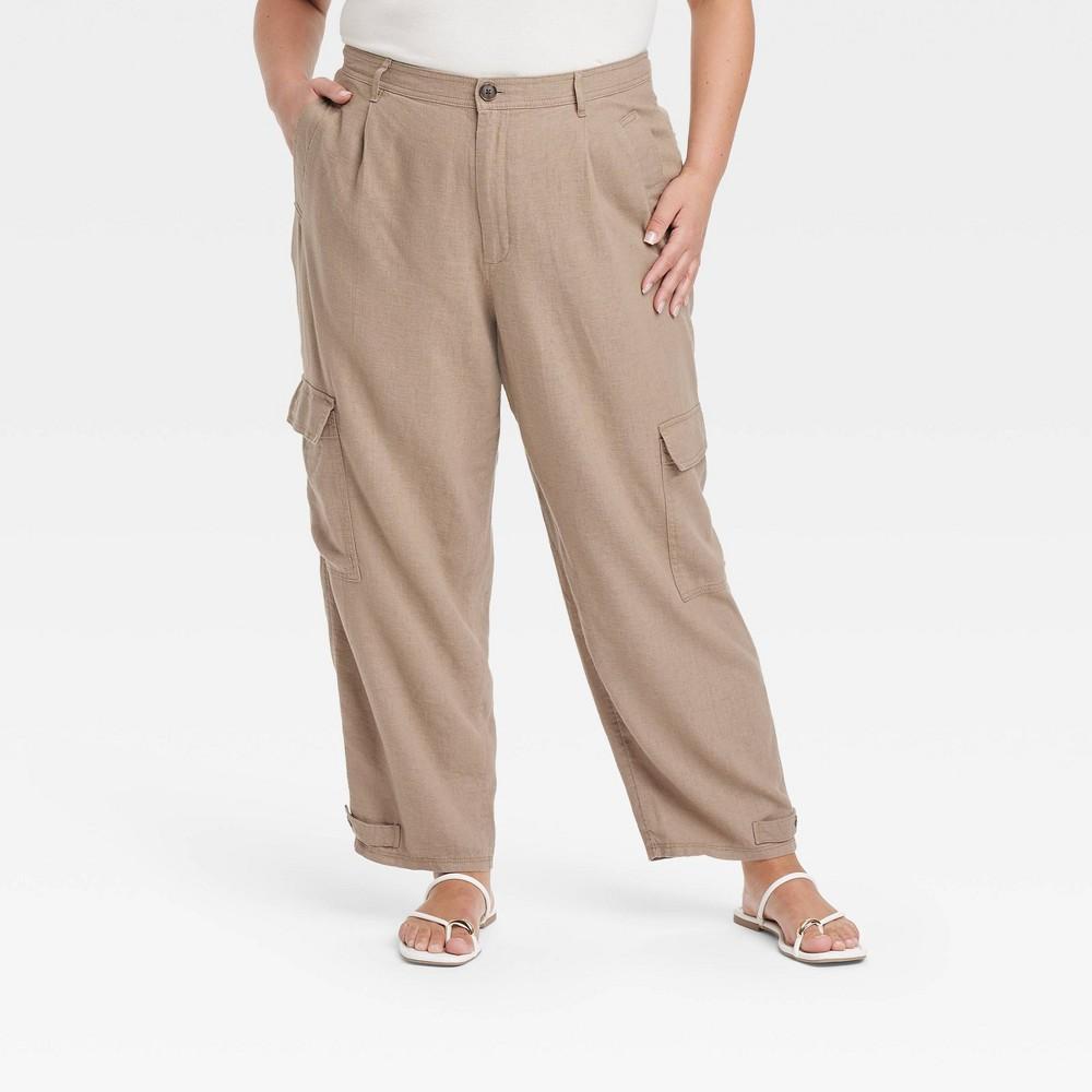 Womens High-Rise Straight Leg Linen Cargo Pants - A New Day Brown 26 Product Image