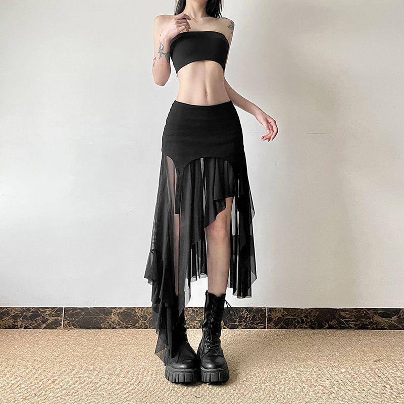 Mid Rise Plain Asymmetrical Panel Mesh A-Line Skirt Product Image