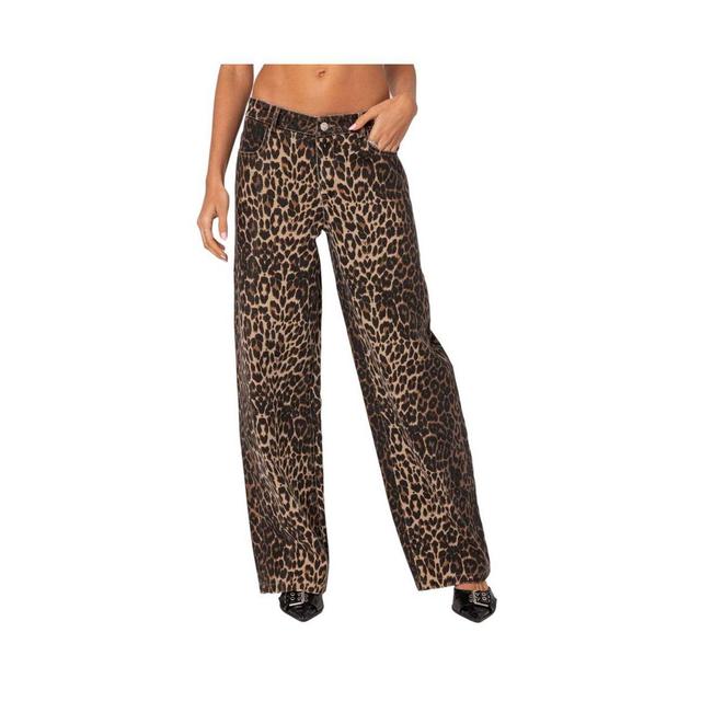 Edikted Womens Leopard Printed Low Rise Jeans Product Image