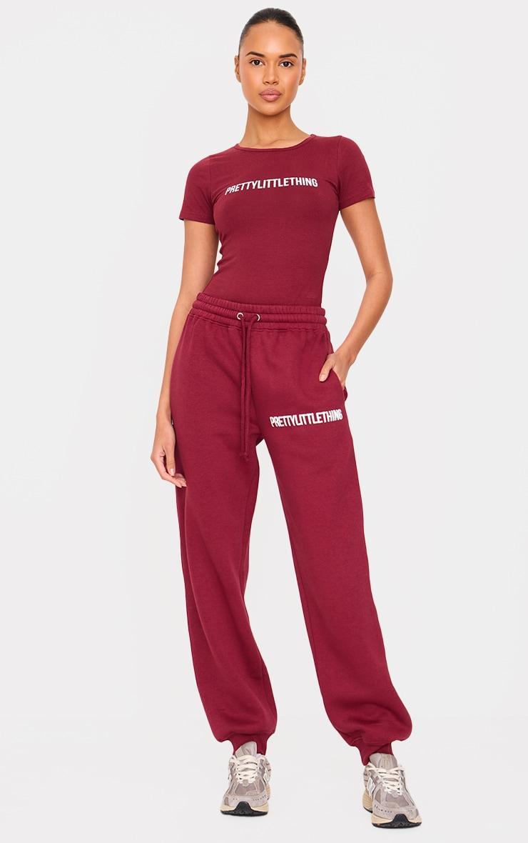 PRETTYLITTLETHING Burgundy Puff Print High Waist Cuffed Sweatpants Product Image