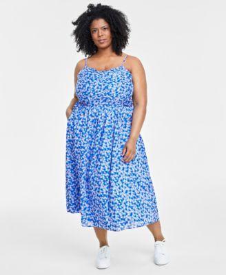 Trendy Plus Size Floral-Print Ruched Corset Midi Dress, Created for Macy's Product Image