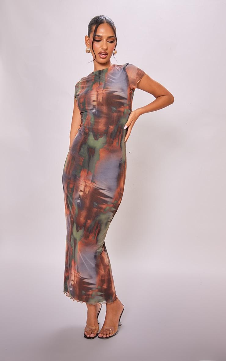 Brown Abstract Print Mesh Lettuce Hem Maxi Dress Product Image