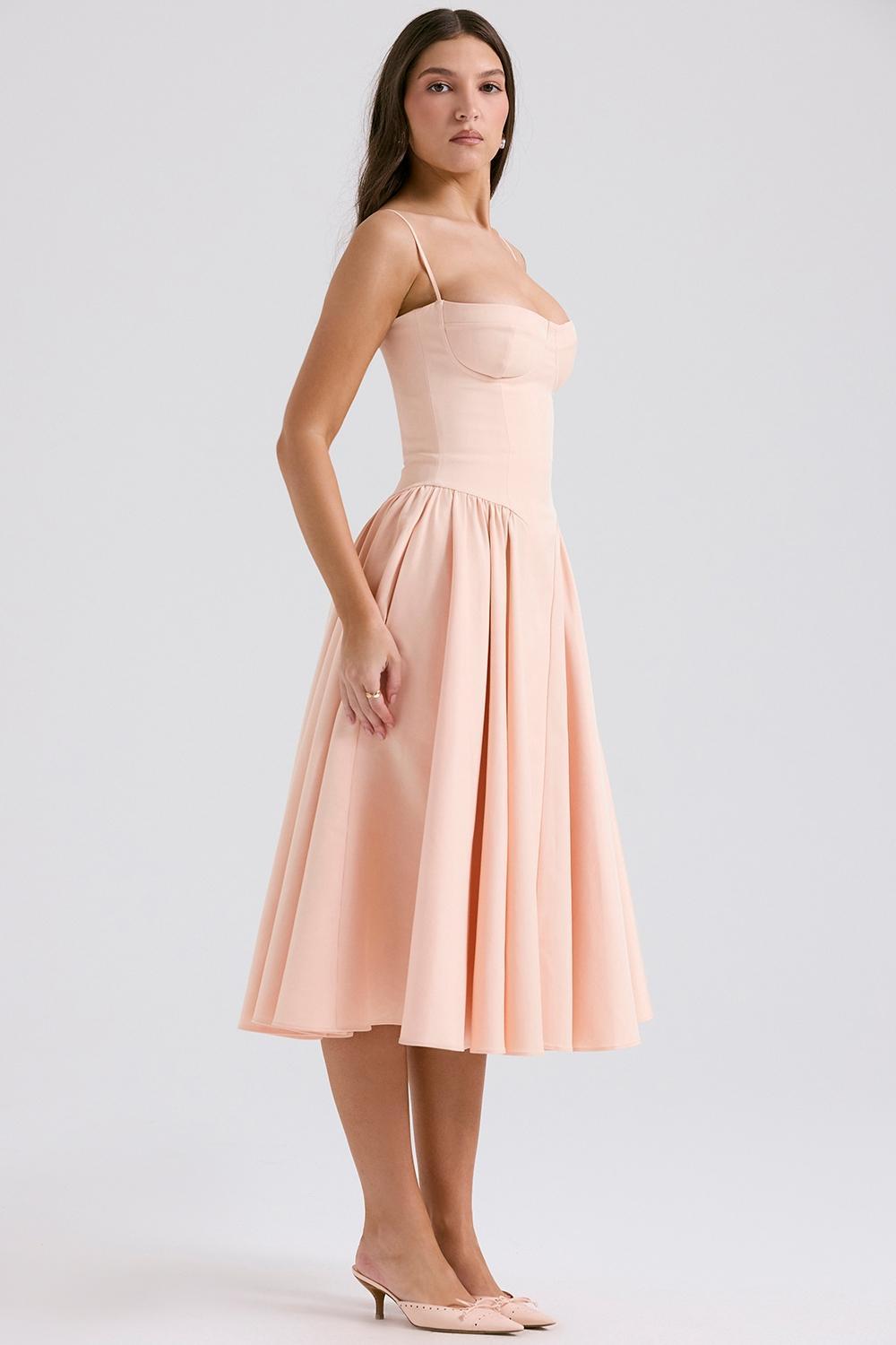 Samaria Peach Parfait Twill Corset Midi Dress Product Image