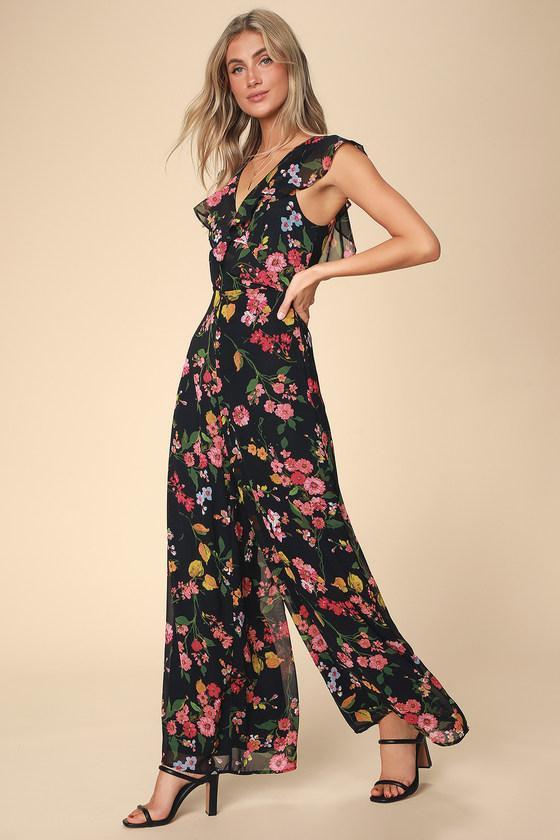 Blooming Love Black Floral Print Ruffled Jumpsuit Product Image