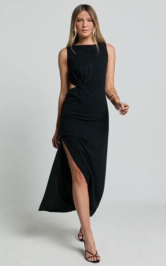 Brodie Midi Dress - Side Cut Out Linen Blend Dress in Black Product Image