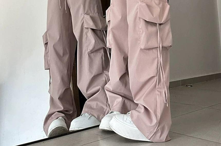 Mid Rise Plain Drawstring Cargo Baggy Pants Product Image