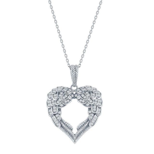 Argento Bella Sterling Silver Cubic Zirconia Angel Wings Heart Pendant Necklace, Womens White Product Image