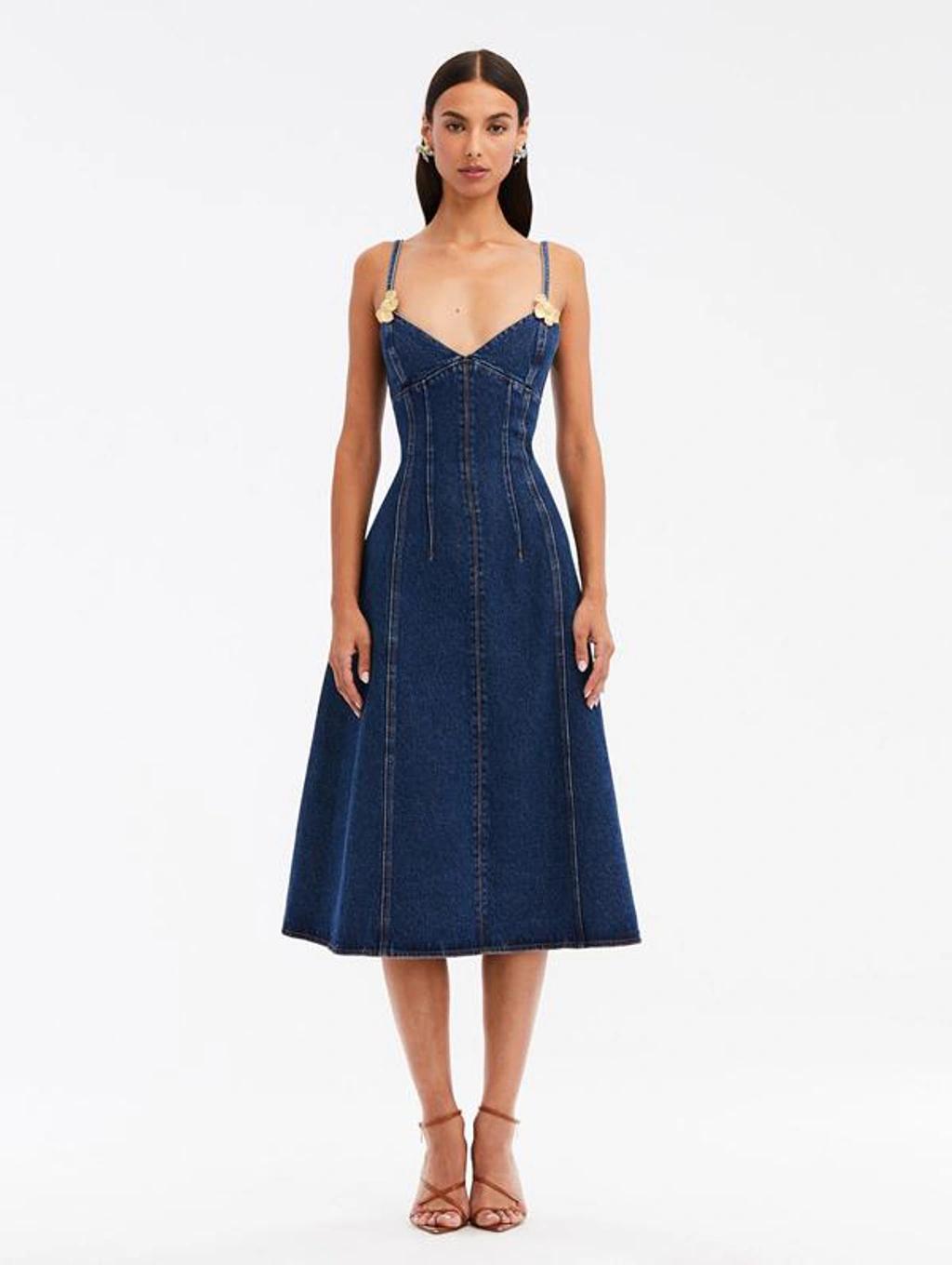 Exclusive Hardware-detailed Bustier Denim Midi Dress In Lt Wash Denim product image