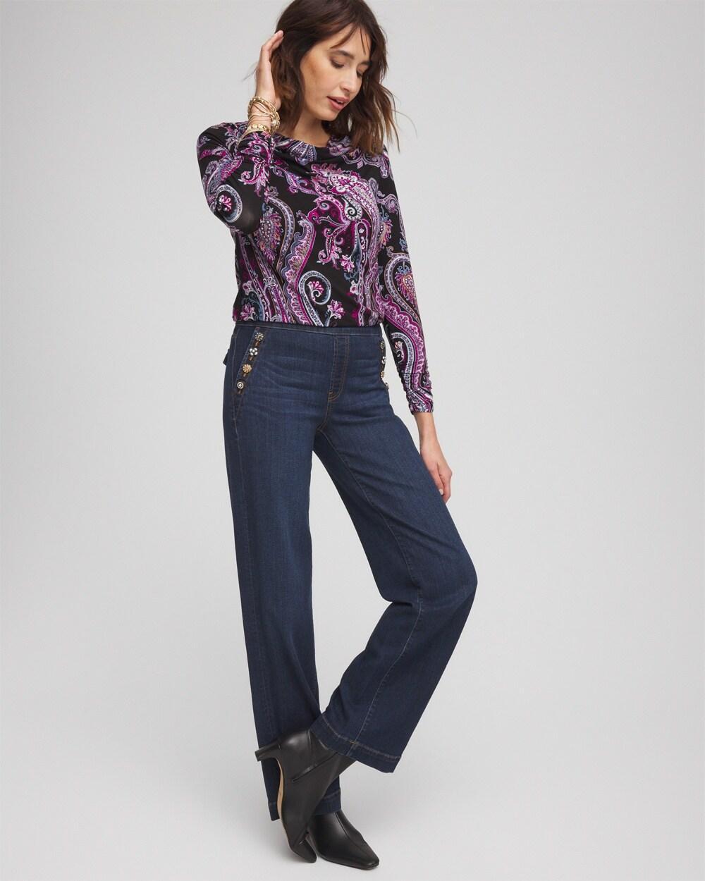 Women's Embellished Wide Leg Pull On Jeans Product Image