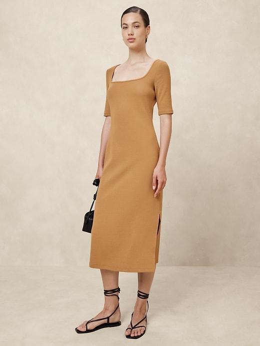 Elbow-Sleeve Ribbed Midi Dress Product Image