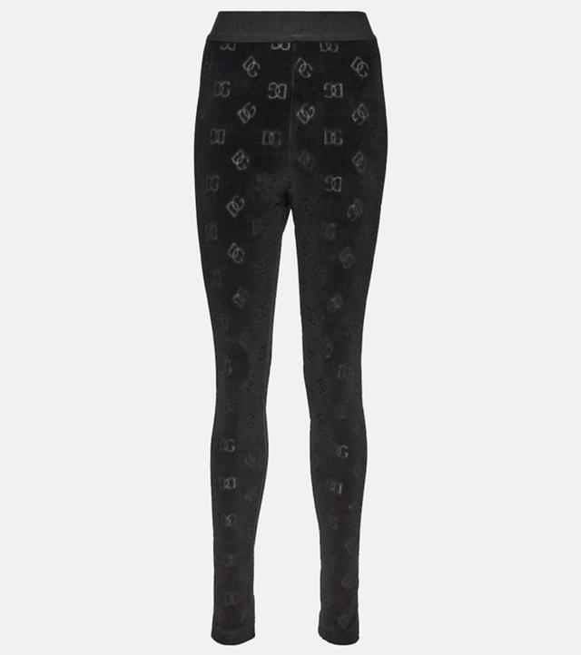 DOLCE & GABBANA Logo High-rise Cotton Velvet Leggings In Black Product Image