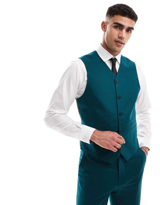 ASOS DESIGN slim linen mix suit vest in teal green Product Image