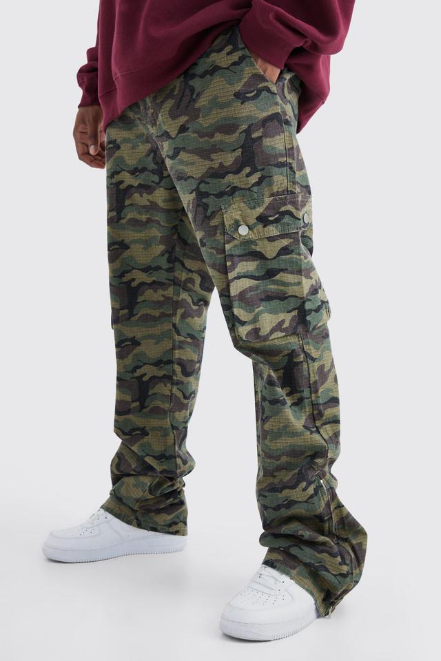 Plus Slim Stacked Zip Gusset Cargo Camo Ripstop Pants | boohooMAN USA Product Image