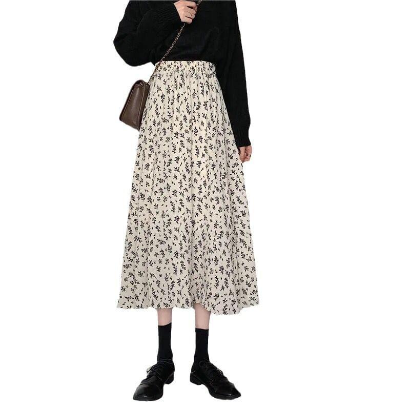 Elastic Waist Floral Print Midi A-Line Skirt Product Image