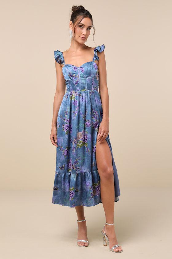 Sweet Like Sangria Blue Floral Ruffled Bustier Midi Dress Product Image